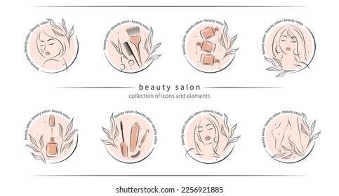 Big set of elements and icons for beauty salon. Nail polish,  manicured female hands and legs, beautiful woman face, lipstick, eyelash extension, makeup, hairdressing. Vector illustrations