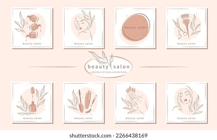 Big set of elements and icons for beauty salon. Nail polish, beautiful woman face, eyelash extension, makeup, hairdressing. Vector illustrations