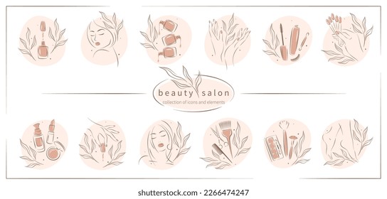 Big set of elements and icons for beauty salon. Nail polish,  manicured female hands and legs, beautiful woman face, lipstick, eyelash extension, makeup, hairdressing. Vector illustrations