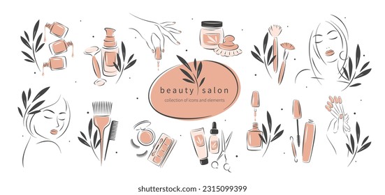 Gran conjunto de elementos e íconos para el salón de belleza. Amalte de uñas, manos femeninas manicuradas, hermosa cara de mujer, lápiz labial, extensión de pestañas, maquillaje, peluquería. Ilustraciones vectoriales