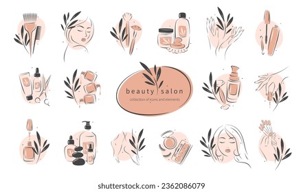 Big set of elements and icons for beauty salon. Nail polish,  manicured female hands, beautiful woman face, lipstick, eyelash extension, makeup, hairdressing. Vector illustrations