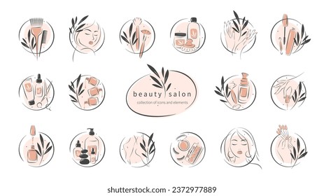 Big set of elements and icons for beauty salon. Nail polish,  manicured female hands, beautiful woman face, lipstick, eyelash extension, makeup, hairdressing. Vector illustrations