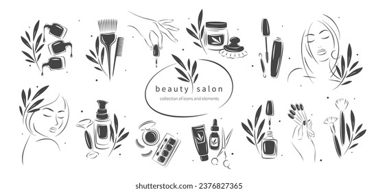 Gran conjunto de elementos e íconos para el salón de belleza. Amalte de uñas, manos femeninas manicuradas, hermosa cara de mujer, lápiz labial, extensión de pestañas, maquillaje, peluquería. Ilustraciones vectoriales