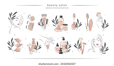 Gran conjunto de elementos e iconos para salón de belleza. Esmalte de uñas, manos femeninas manicuradas, cara de mujer hermosa, lápiz de labios, extensión de pestañas, maquillaje, peluquería. Ilustraciones vectoriales