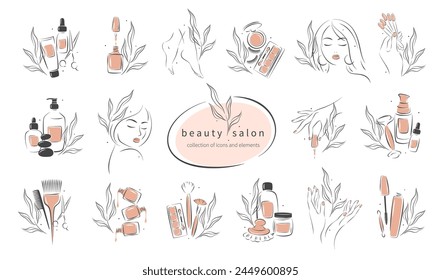 Gran conjunto de Elementos e íconos para salón de belleza. Esmalte de uñas, manos femeninas manicuradas, cara de mujer hermosa, lápiz de labios, extensión de pestañas, maquillaje, peluquería. Ilustraciones vectoriales