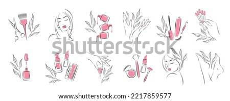 Big set of elements and icons for beauty salon. Nail polish,  manicured female hands and legs, beautiful woman face, lipstick, eyelash extension, makeup, hairdressing. Vector illustrations