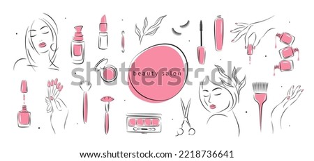 Big set of elements and icons for beauty salon. Nail polish,  manicured female hands, beautiful woman face, lipstick, eyelash extension, makeup, hairdressing. Vector illustrations