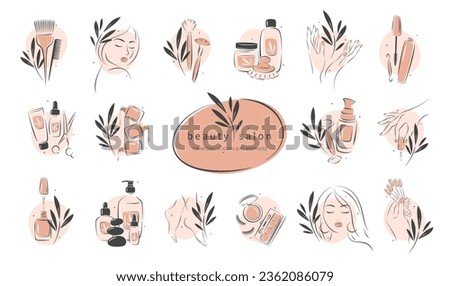 Big set of elements and icons for beauty salon. Nail polish,  manicured female hands, beautiful woman face, lipstick, eyelash extension, makeup, hairdressing. Vector illustrations