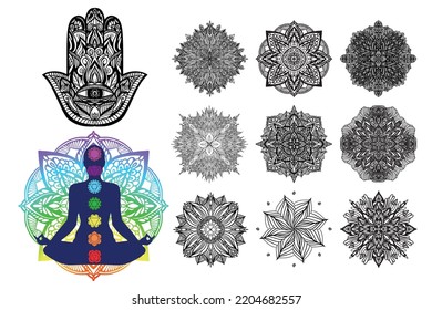 Big Set With Elements Of Indian Culture. Hanuman In Lotus Yoga Posses, Chakras, Hamsa, Mandala. Hamsa For Luck.