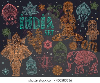 Big set with elements of Indian culture. Gods Ganesha, Navratri, Hanuman. Lord Buddha. Lotus, chakras, yoga posses. Ornamental elephant and mandalas. Hamsa for luck. Medallion, yoga, india, arabic