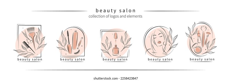 Gran conjunto de elementos y logos para el salón de belleza. Amalte de uñas, manos y piernas femeninas manicuradas, hermosa cara de mujer, lápiz labial, extensión de pestañas, maquillaje, peluquería. Ilustraciones vectoriales