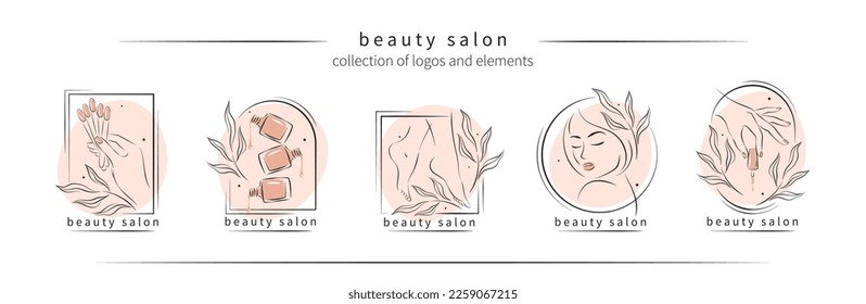 Big set of elements and logos for beauty salon. Nail polish,  manicured female hands and legs, beautiful woman face, lipstick, eyelash extension, makeup, hairdressing. Vector illustrations