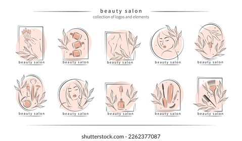 Big set of elements and logos for beauty salon. Nail polish,  manicured female hands and legs, beautiful woman face, lipstick, eyelash extension, makeup, hairdressing. Vector illustrations