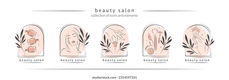 Big set of elements and logos for beauty salon. Nail polish,  manicured female hands, beautiful woman face, lipstick, eyelash extension, makeup, hairdressing. Vector illustrations