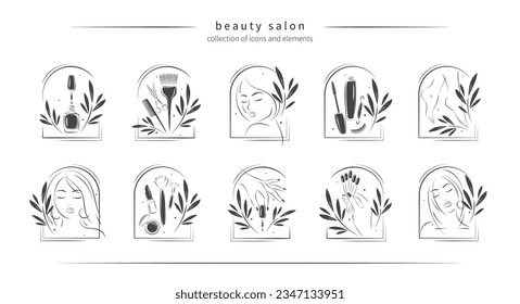 Gran conjunto de elementos y logos para el salón de belleza. Hermosa cara de mujer, extensión de pestañas, maquillaje, peluquería, esmalte de uñas, manos y piernas femeninas manicuradas. Ilustraciones vectoriales