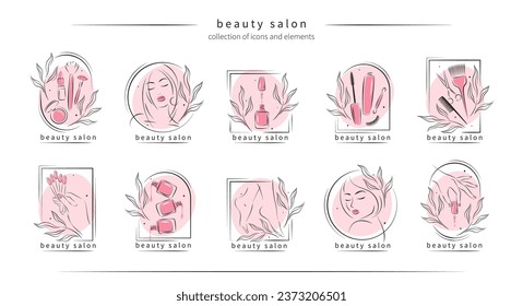 Big set of elements and logos for beauty salon. Nail polish,  manicured female hands and legs, beautiful woman face, lipstick, eyelash extension, makeup, hairdressing. Vector illustrations