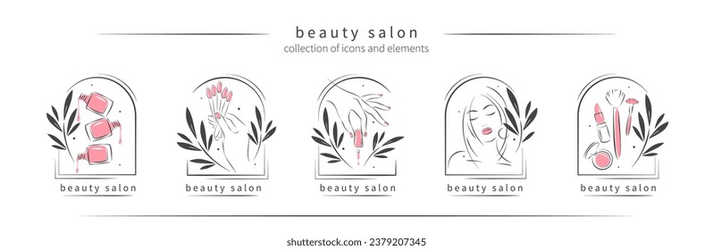 Big set of elements and logos for beauty salon. Nail polish,  manicured female hands, beautiful woman face, lipstick, eyelash extension, makeup, hairdressing. Vector illustrations