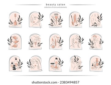 Big set of elements and logos for beauty salon. Beautiful woman face, eyelash extension, makeup, hairdressing, nail polish, manicured female hands and legs. Vector illustrations