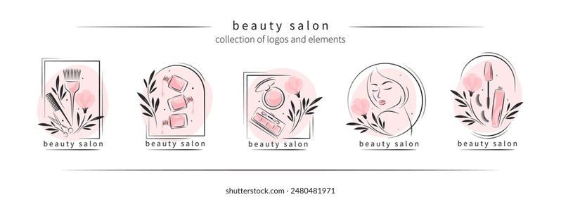 Big set of elements and logos for beauty salon. Nail polish, manicured, beautiful woman face, lipstick, eyelash extension, makeup, hairdressing. Vector illustrations