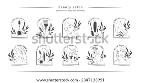 Big set of elements and logos for beauty salon. Beautiful woman face, eyelash extension, makeup, hairdressing, nail polish, manicured female hands and legs. Vector illustrations