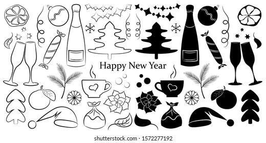 Big set of elements New Year isolated on white background. Silhouettes and outlines for paper, greeting cards. Champagne, wine glasses, christmas toy, santa hat, candyes, tree, orange, snowflakes etc.