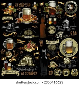 Big set of elements on the subject of beer and Oktoberfest festival for your design. Highly detailed illustration.