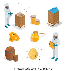 Big set of elements Organic raw honey. Healthy food production Flat vector isometric illustration