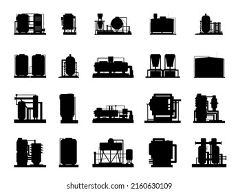 Big set elements of Production plant. Silhouette of objects. Industrial technical equipment. Isolated on white background. Factory chemical. Modern technology enterprise. Vector.