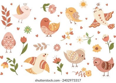 Big set of elements for spring. Flat cartoon birds with folklore pattern, hand drawn flowers and branches. Vector illustration on transparent background