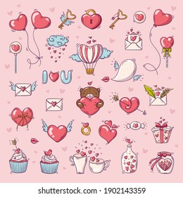 Big set of elements for st. Valentines day in doodle style on pink background with hearts