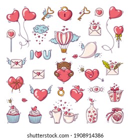 Big set of elements for st. Valentines day in doodle style on white background