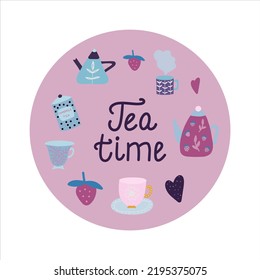 Big set of elements for tea time. including teapot, tea cups, sugar jar, teabag, tea leaves, spoon, jars with tea, strawberries. Cute flat vector illustration in hand drawn style.