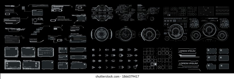 Big set elements for the user interface HUD. Frames, callouts, arrows, pointers, scales, bars, navigation targets, complex combined elements for HUD interface. Vector elements