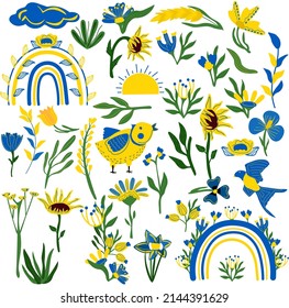 Big set elements in yellow and blue colors, leaves, flowers, sunflower, wheat, rainbows, bird. Sunny days. Heart and love in Ukraine. Boho style. Vector illustration