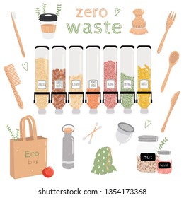 Big set elements of zero waste life. Say no to plastic! Eco friendly lifestyle. Wood, metal, glass, menstrual Cup,Dispenser for bulk products. Vector illustration isolated on white. 