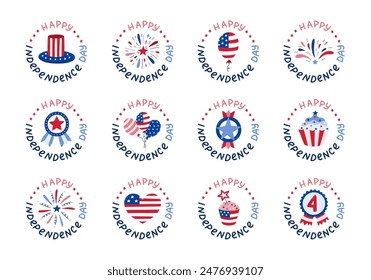 Big set of emblems with lettering and cartoon national symbols of USA Independence day. Cute fireworks, Uncle Sam hat, badge, balloons, flag, etc. Hand drawn patriotic American signs for 4th July.