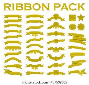 Big set of embroidered gold ribbons and stumps isolated on white. Can be used for banner, award, sale, icon, logo, label etc. Vector illustration