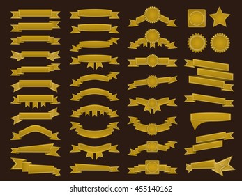 Big set of embroidered golden ribbons and stumps on brown background. Can be used for banner, award, sale, icon, logo, label etc. Vector illustration