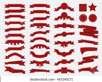 Big Set Of Embroidered Red Ribbons And Stumps Isolated On White. Can Be Used For Banner, Award, Sale, Icon, Logo, Label Etc. Vector Illustration