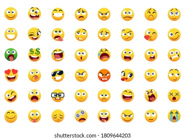 Big set of emoticon smile icons. Cartoon emoji set. Vector emoticon set  isolated on white background. Vector EPS 10