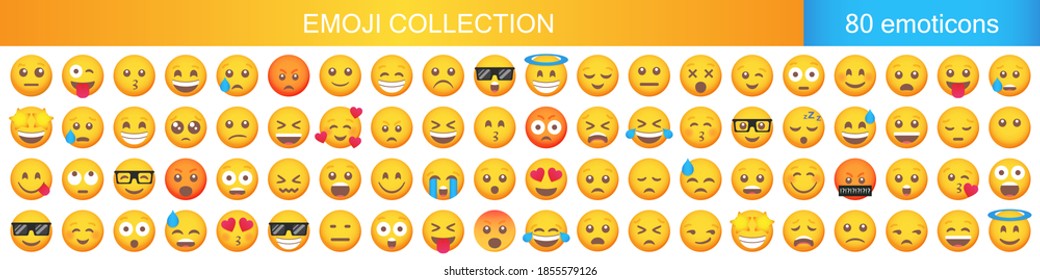 Big Set Of Emoticon Smile Icons. Cartoon Emoji Set. Vector Emoticon Set