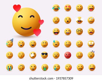 Big set of emoticon smile icons. Cartoon emoji set. 3D Web Vector Illustrations. 