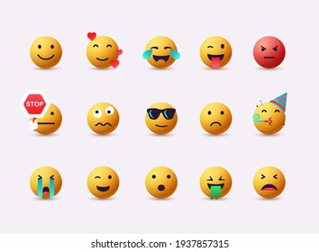 Big set of emoticon smile icons. Cartoon emoji set. 3D Web Vector Illustrations. 