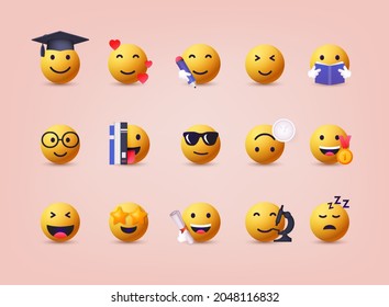 Big set of emoticon smile icons. Education. Cartoon emoji set. 3D Web Vector Illustrations. 