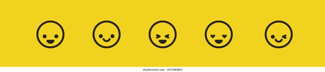 Big set of emoticon smile icons. Cartoon emoji set. Vector emoticon set. Isolated flat emoji for chat and web. Collection of faces with a smile for UI and web design. Linear vector icons on yellow