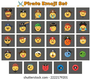 Gran conjunto de íconos de sonrisa emoticono. Emoji de dibujos animados. Emoticon vectorial con tema pirata.