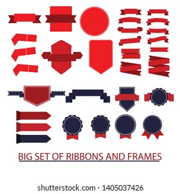 Big set of empty ribbons, frames, red and blue colors on white background