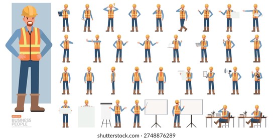 Big Set of Engineering man working character vector design. Man working and presentation in various action.
