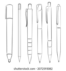 Big set of engineering pencils and office pens one line drawing on white isolated background. Vector illustration
