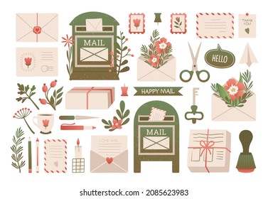 Big set envelopes with mail, mailboxes,  postmarks, sealing wax, cards, flowers, plants, post office. Decorative elements in flat style. Hand drawn romantic vintage collection with isolated elements.